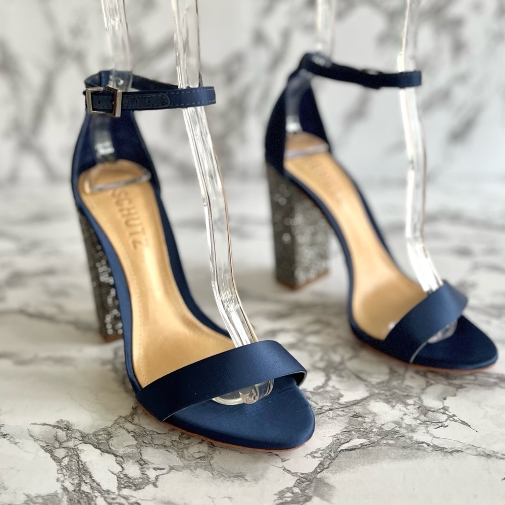 Schutz Hara Sandals Blue Satin Rhinestone Block Heel Ankle Strap 6 Cocktail Glam - Picture 8 of 17